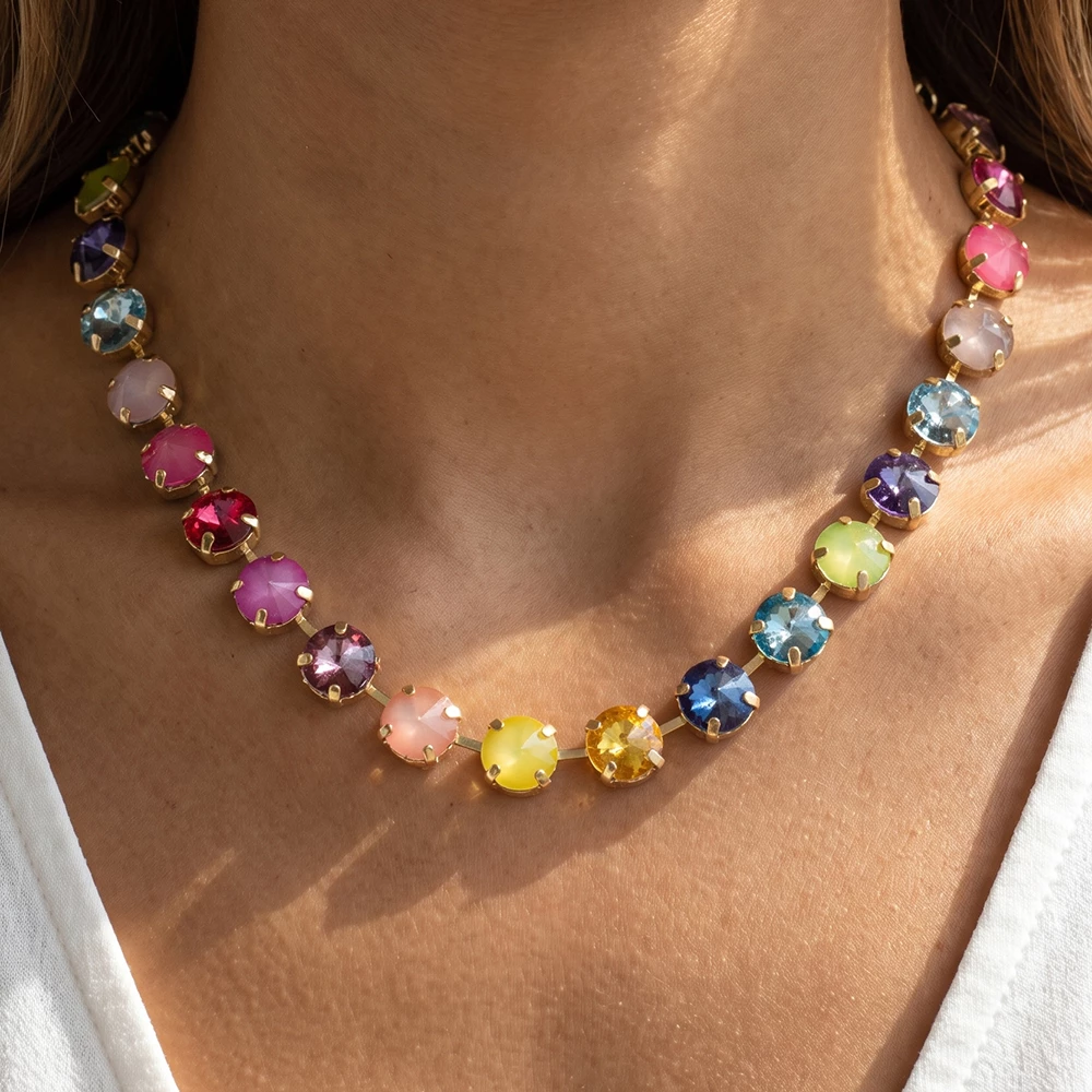 Multicolor Round Crystal Statement Tennis Necklace