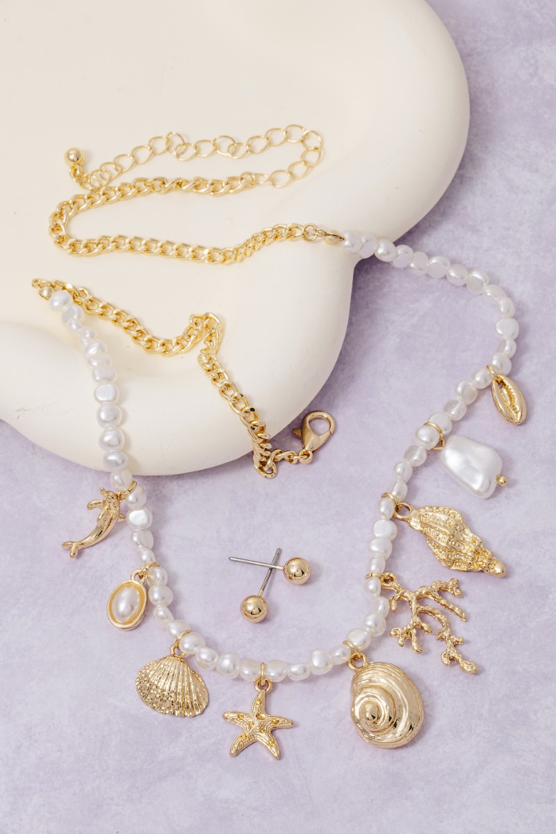 Sea Life Charms Pearl Beaded And Chain Necklace Set