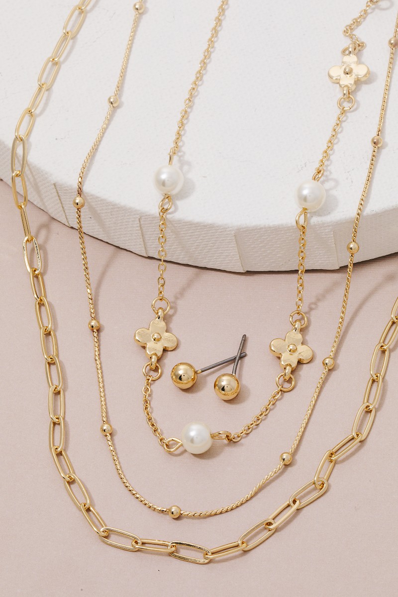 Clover And Pearl Station Charms Layered Chain Necklace Set
