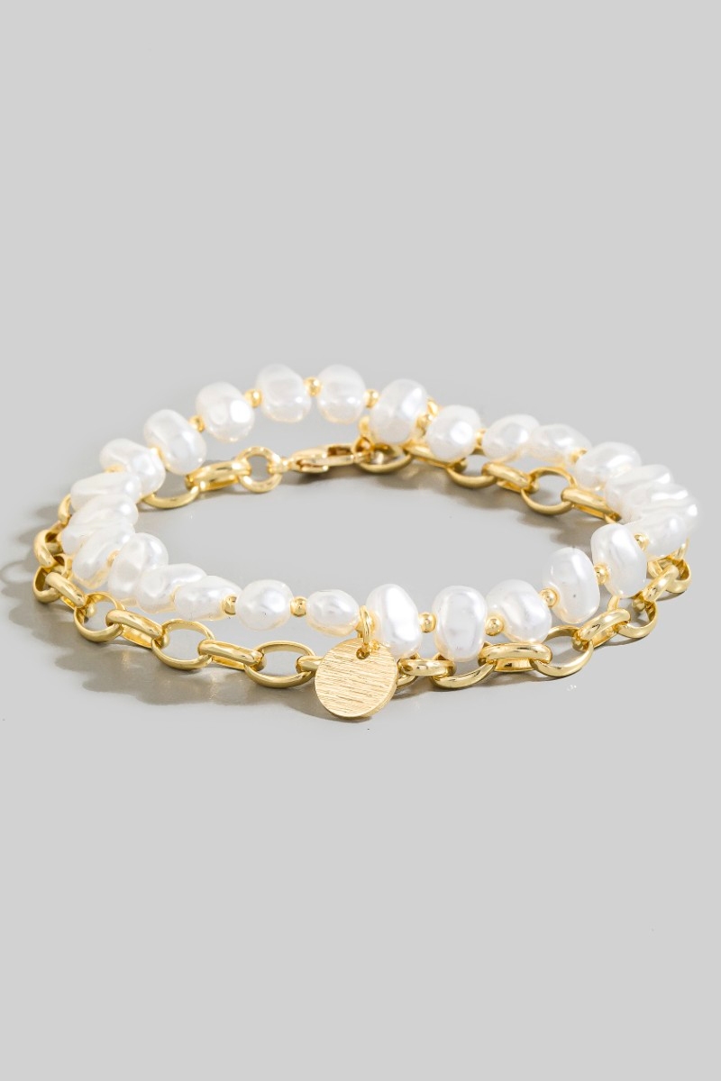 Coin Charm Pearl Beads And Chain Layered Bracelet