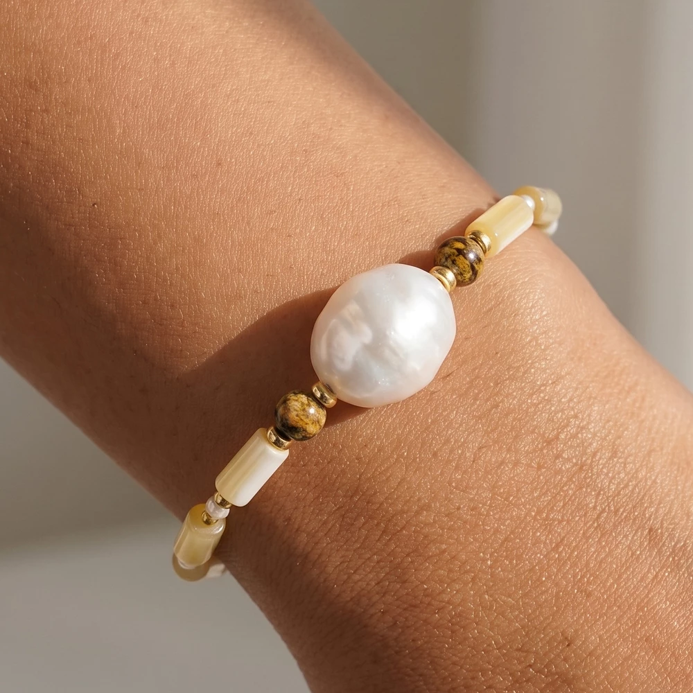 Shell Tube Bead Bracelet With Pearl And Stone