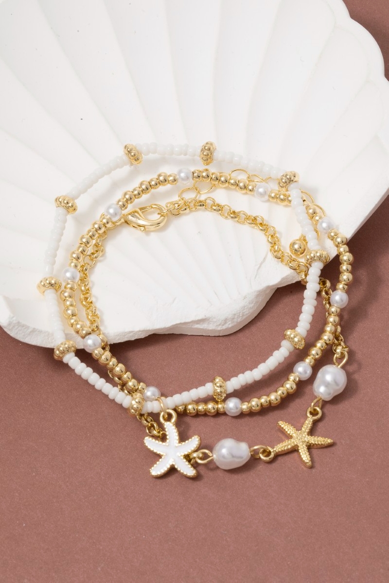 Pearl And Starfish Charms Mixed Beaded Bracelet Set