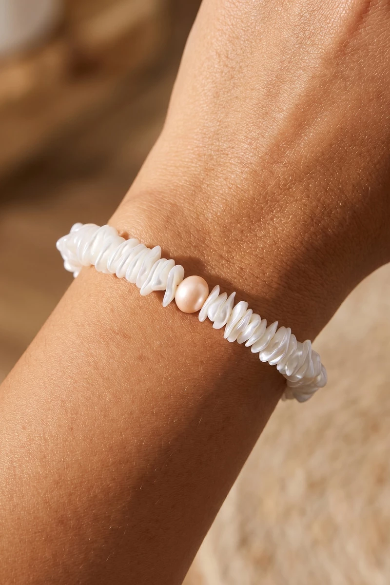 White Shell Chip Pearl Accent Strand Bracelet