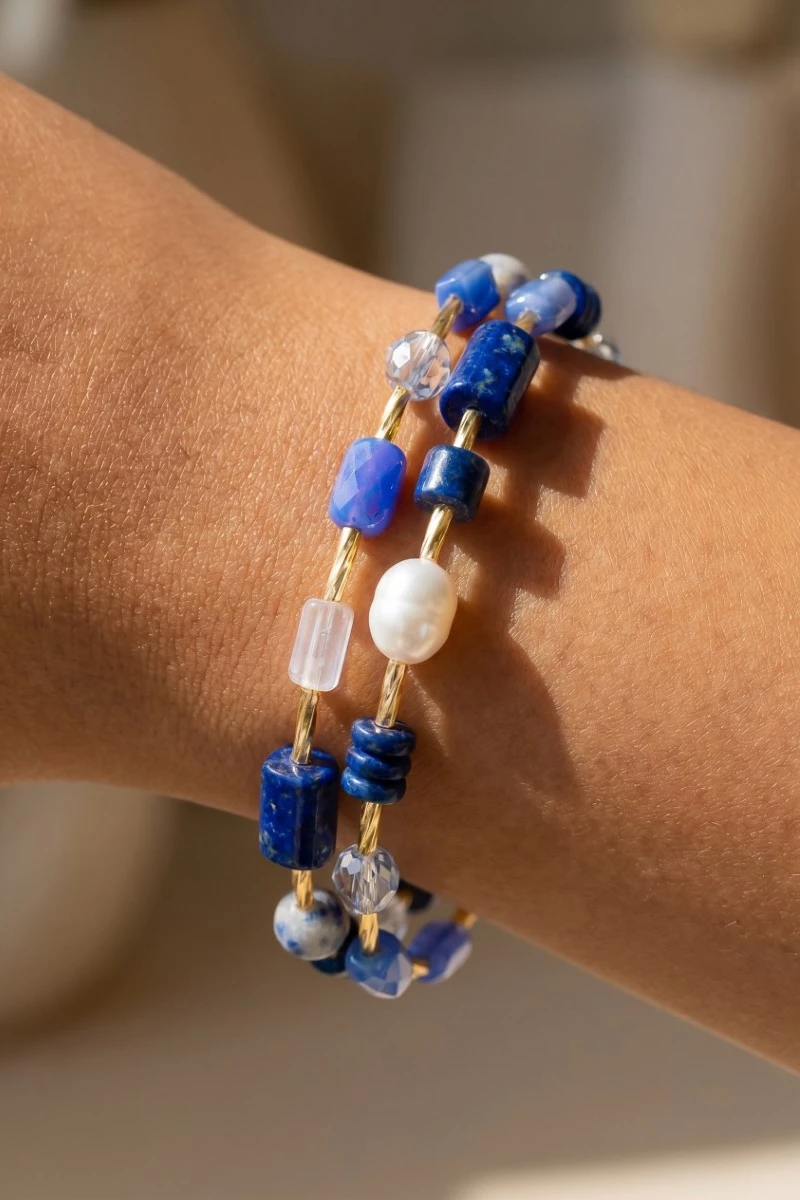 Pearl And Stone Beaded Elastic Bracelet Set