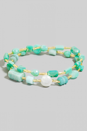 Pearl And Stone Beaded Elastic Bracelet Set