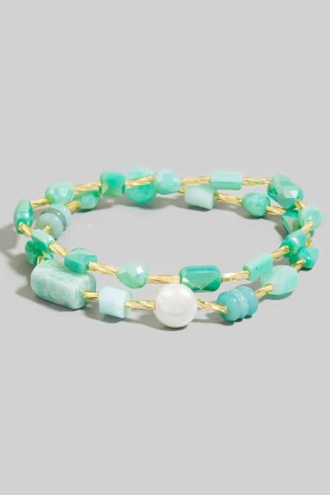 Pearl And Stone Beaded Elastic Bracelet Set