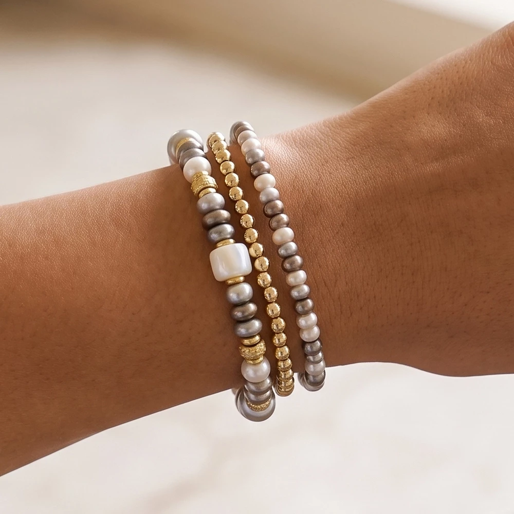 Pearl Bead Mixed Metallic Stretch Bracelet Set