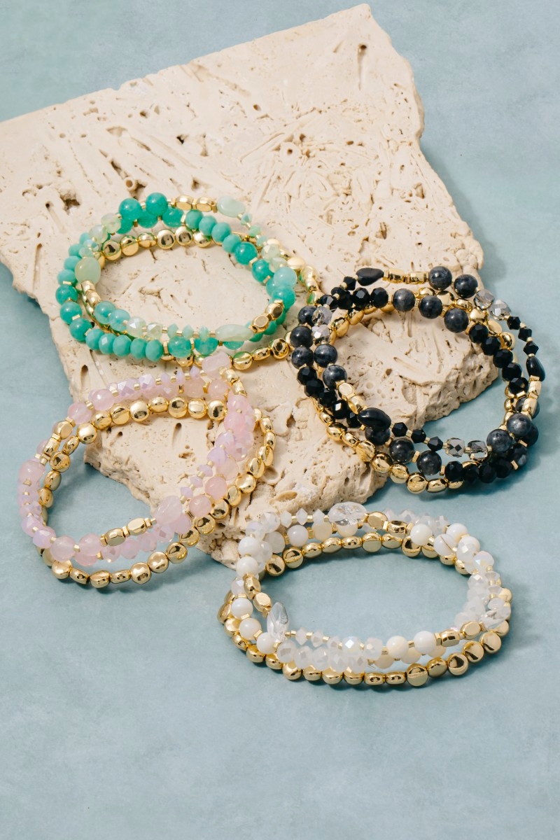 Assorted Three Row Beaded Stretch Bracelet