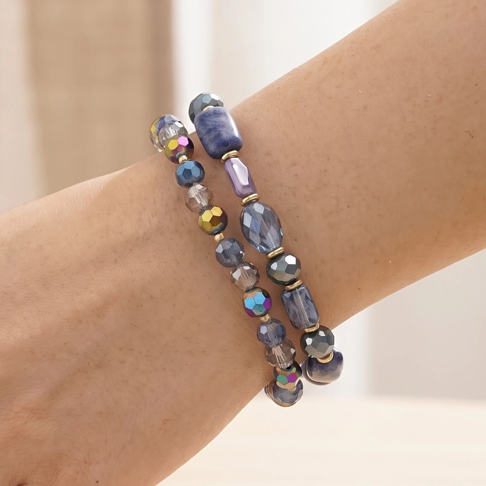 Faceted Crystal And Stone Bead Stretch Bracelet Set