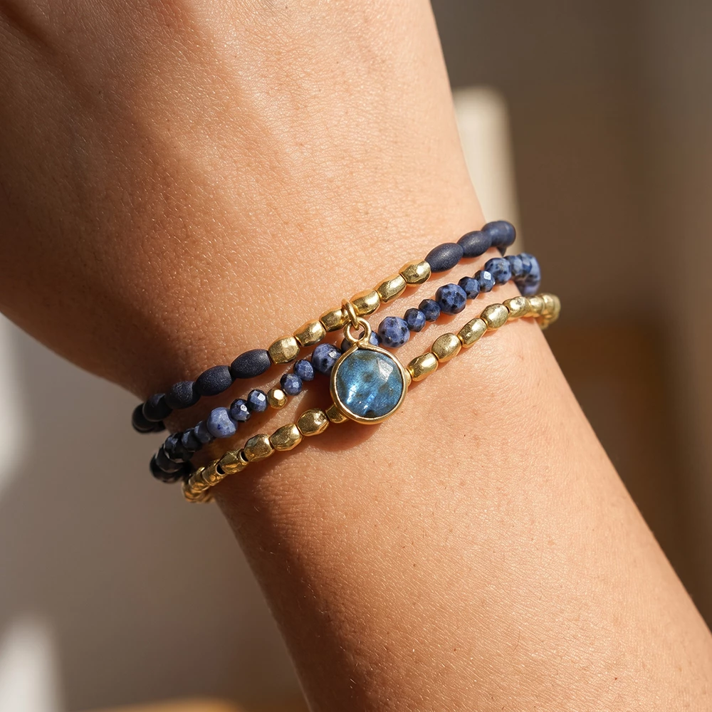 Beaded Stretch Bracelet Set With Stone Charm