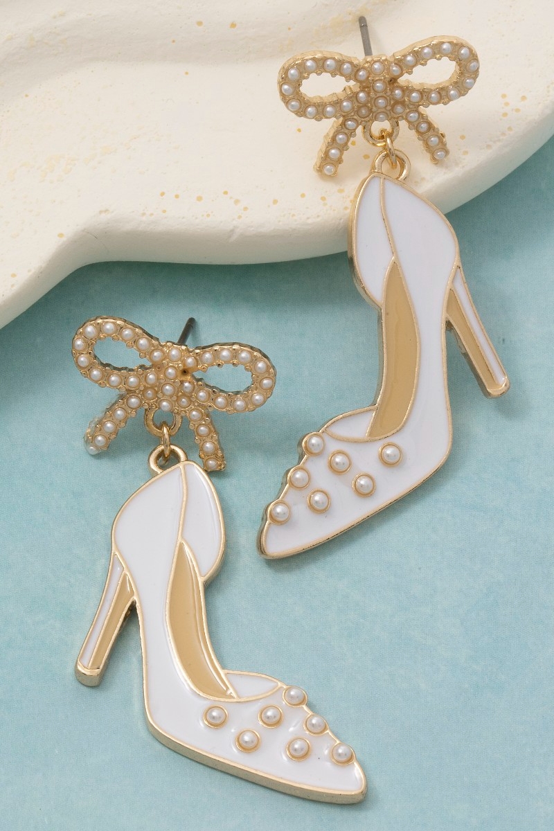Enamel High Heels And Bow Stud Dangle Earrings