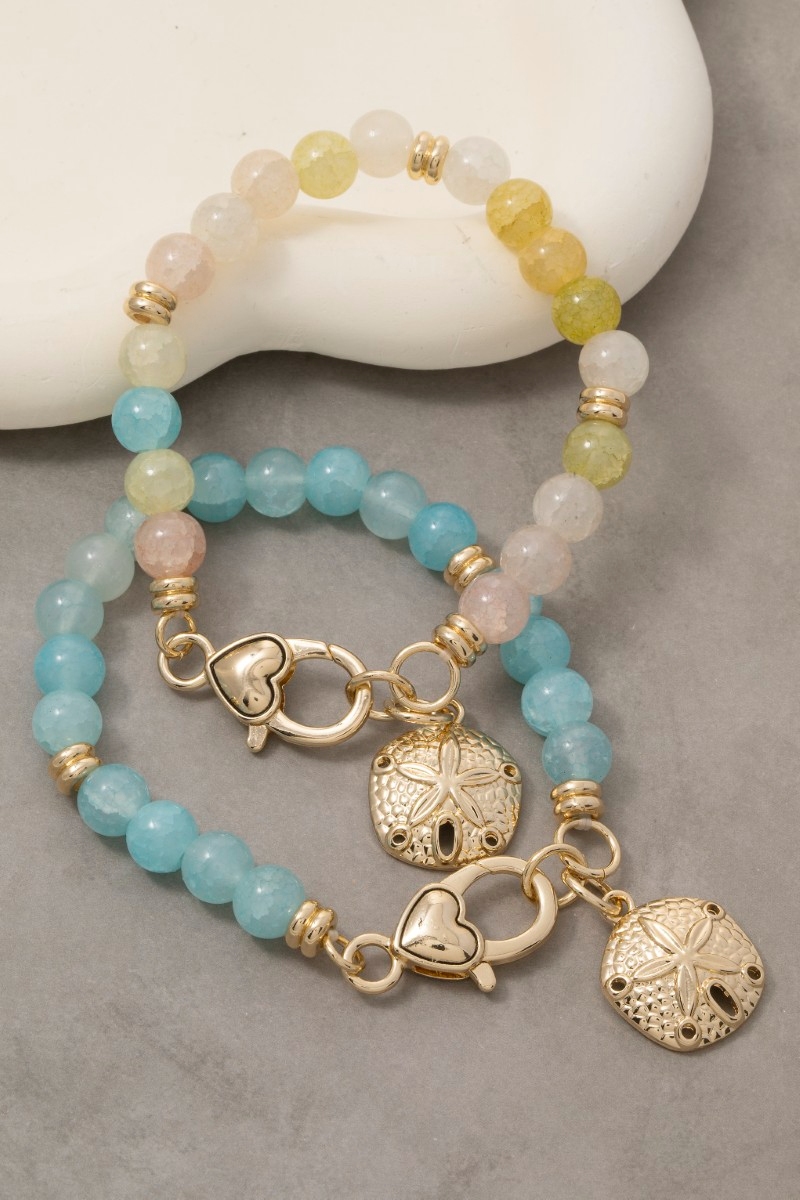 Sand Dollar Charm And Heart Clasp Glass Beaded Bracelet