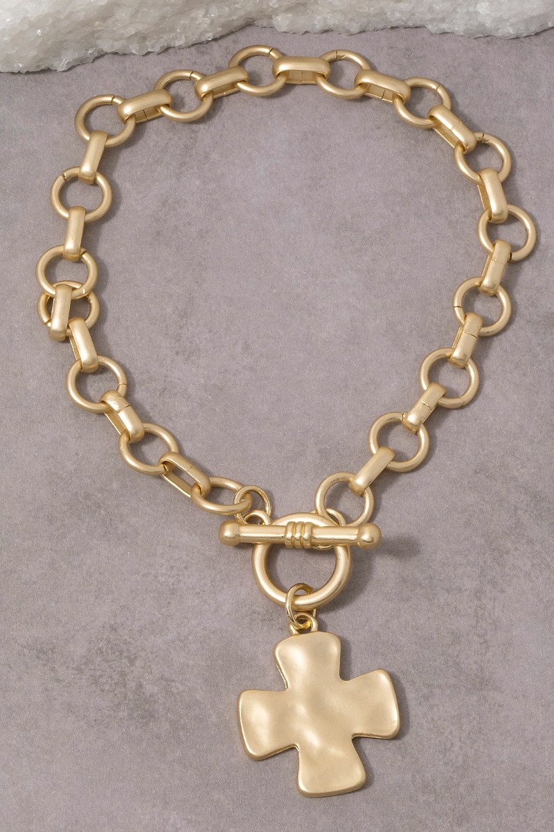 Matte Metallic Cross Charm Toggle Chain Bracelet