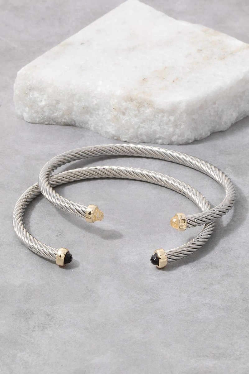 Gold Dipped Faceted Stone Ends Twisted Cuff Bracelet