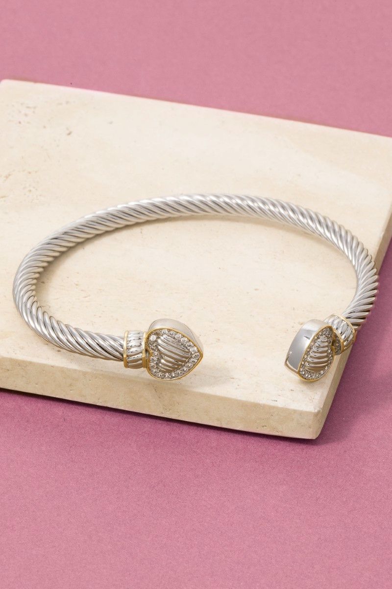 Two-Tone Cable Wire Cz Heart End Caps Cuff Bracelet