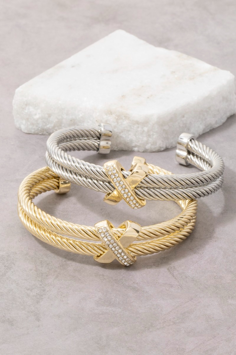 Gold Dipped Layered Two Tone Cz Rope Cuff Bracelet