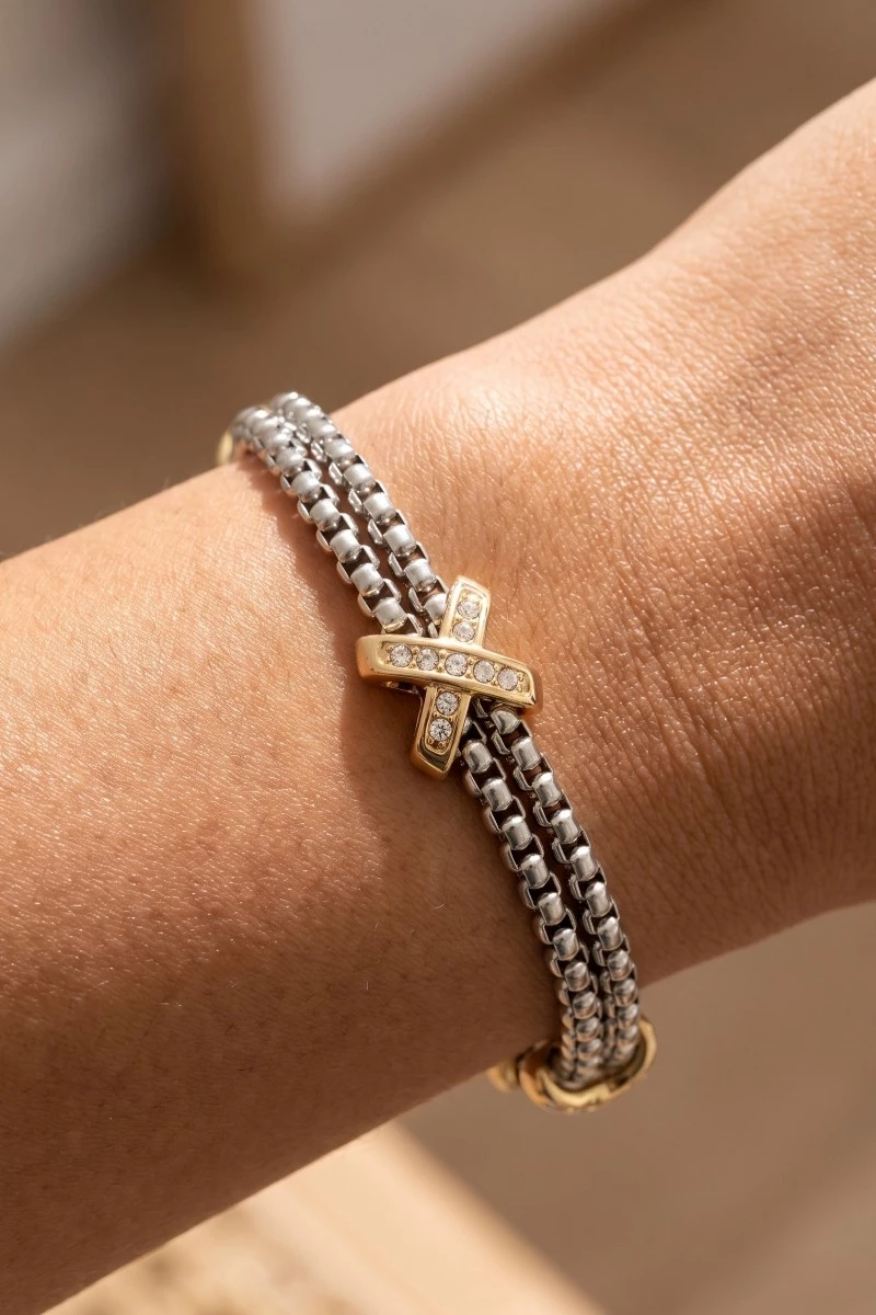 2 Tone Gold Plated Cz Pave Double Rope Chain Bracelet