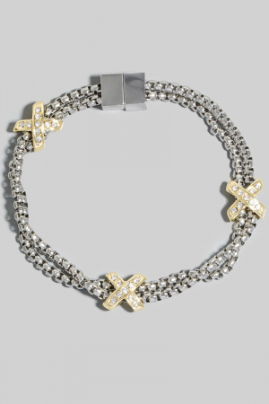 2 Tone Gold Plated Cz Pave Double Rope Chain Bracelet