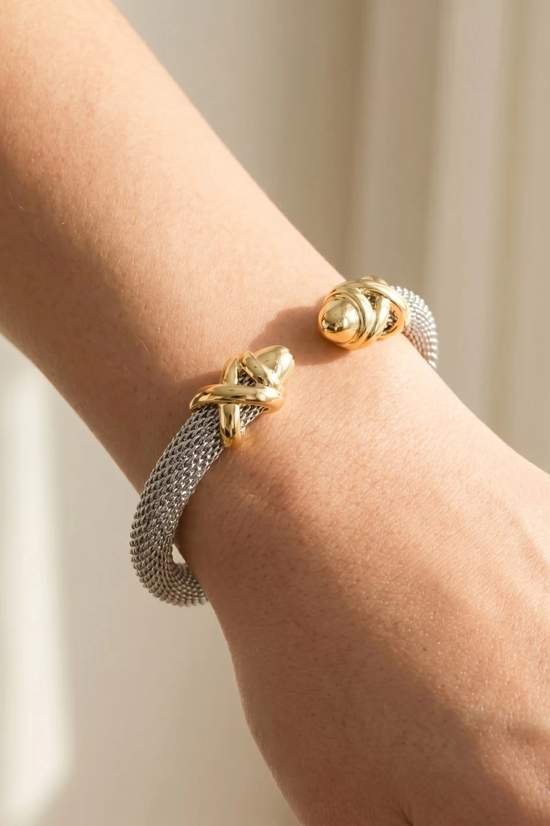 Two Tone Mesh Tube Knot End Cap Cuff Bracelet