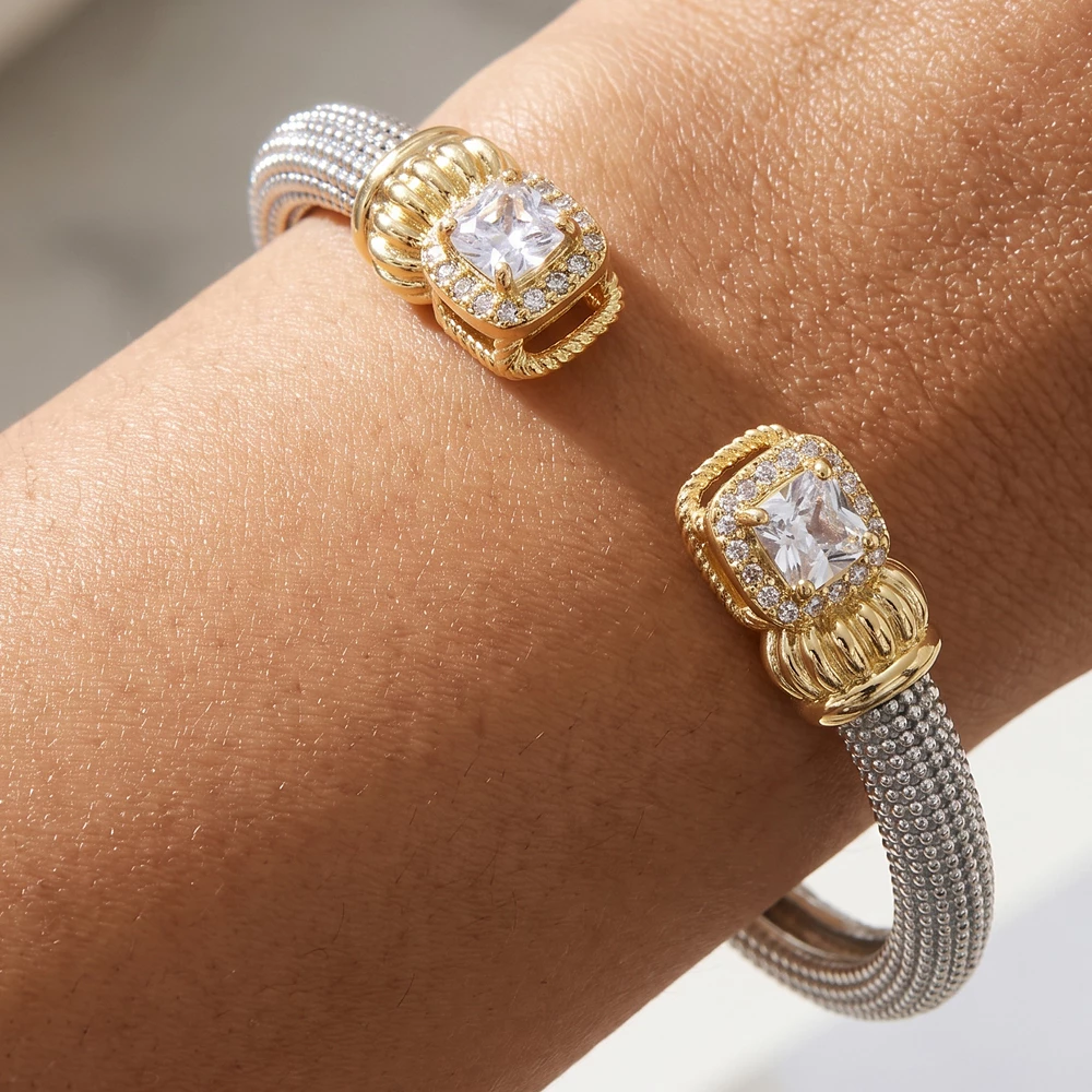 Two Tone Cushion Cz Open Cuff Bracelet