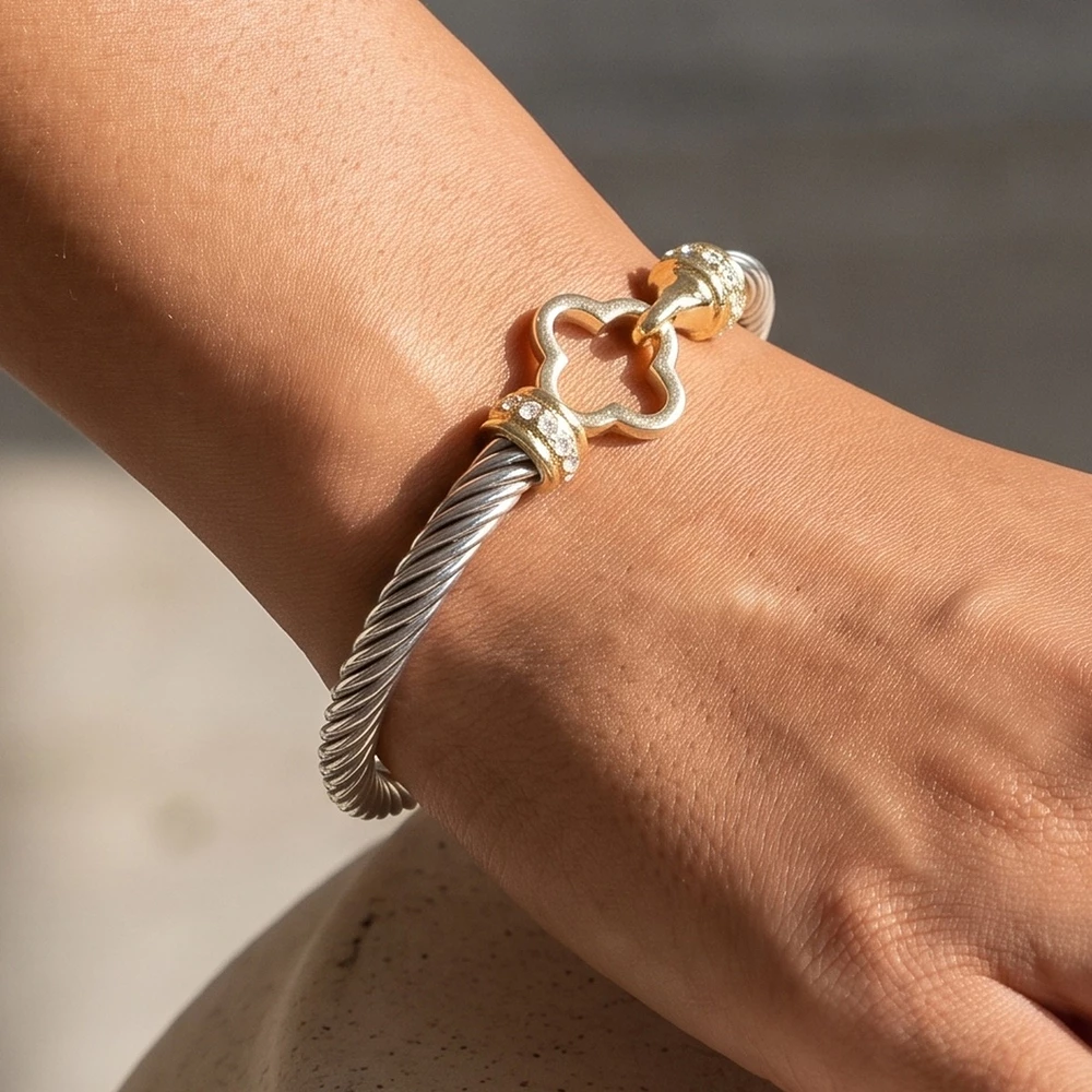 Two Tone Cable Twist Clover Hook Bangle Bracelet
