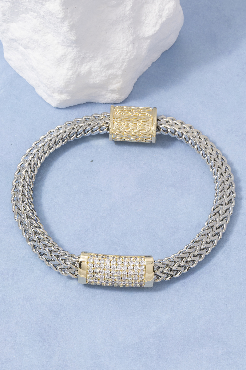 Two Tone Woven Chain Cz Bracelet