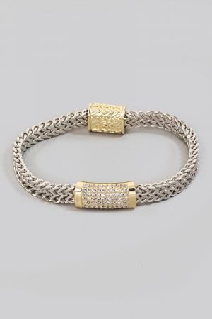 Cz Pave Bar 2 Tone Layered Chains Magnetic Bracelet