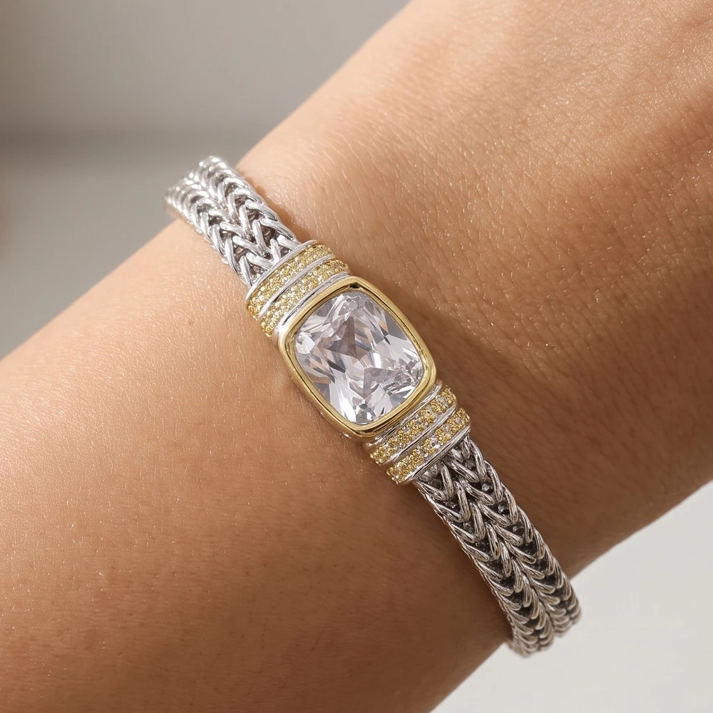 Two Tone Cushion Cz Wheat Chain Bracelet