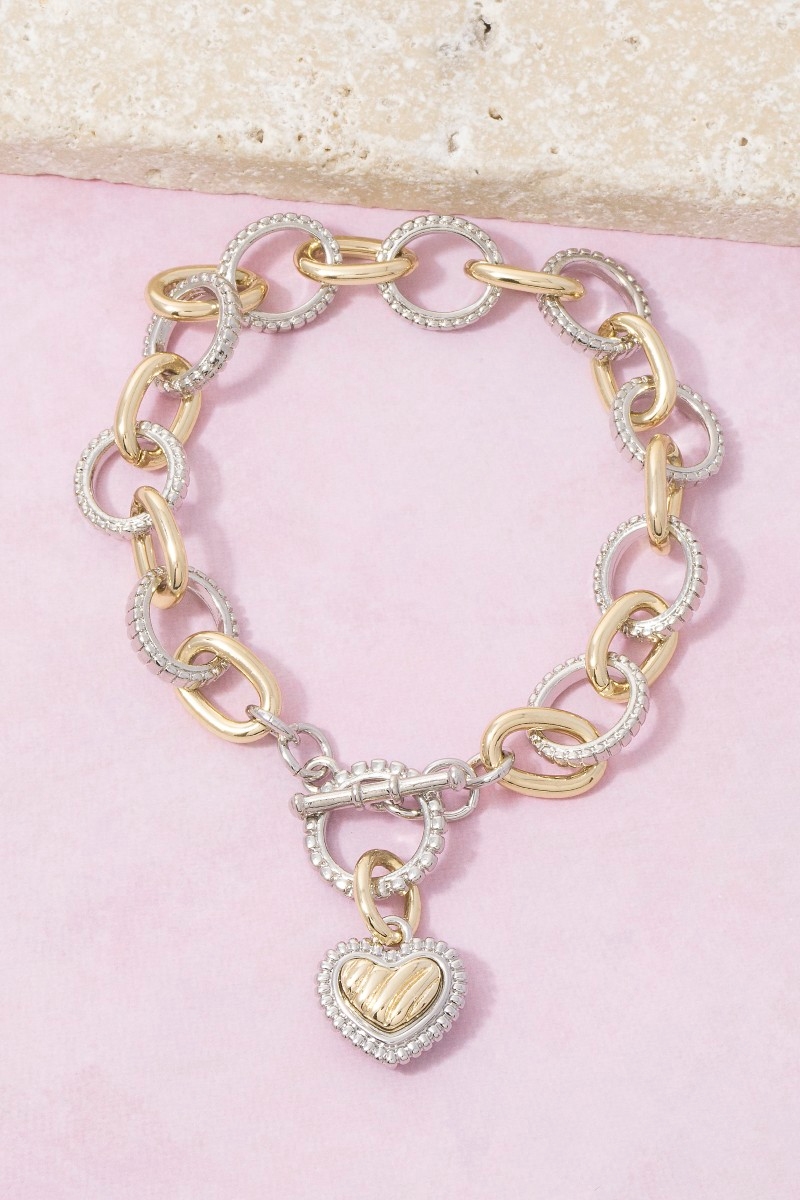 Gold Dipped Two Tone Heart Charm Toggle Chain Bracelet