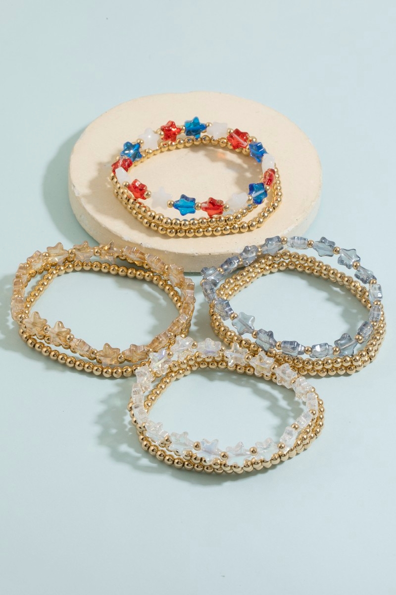 Patriotic Star Bead & Gold Ball Stretch Bracelet Set