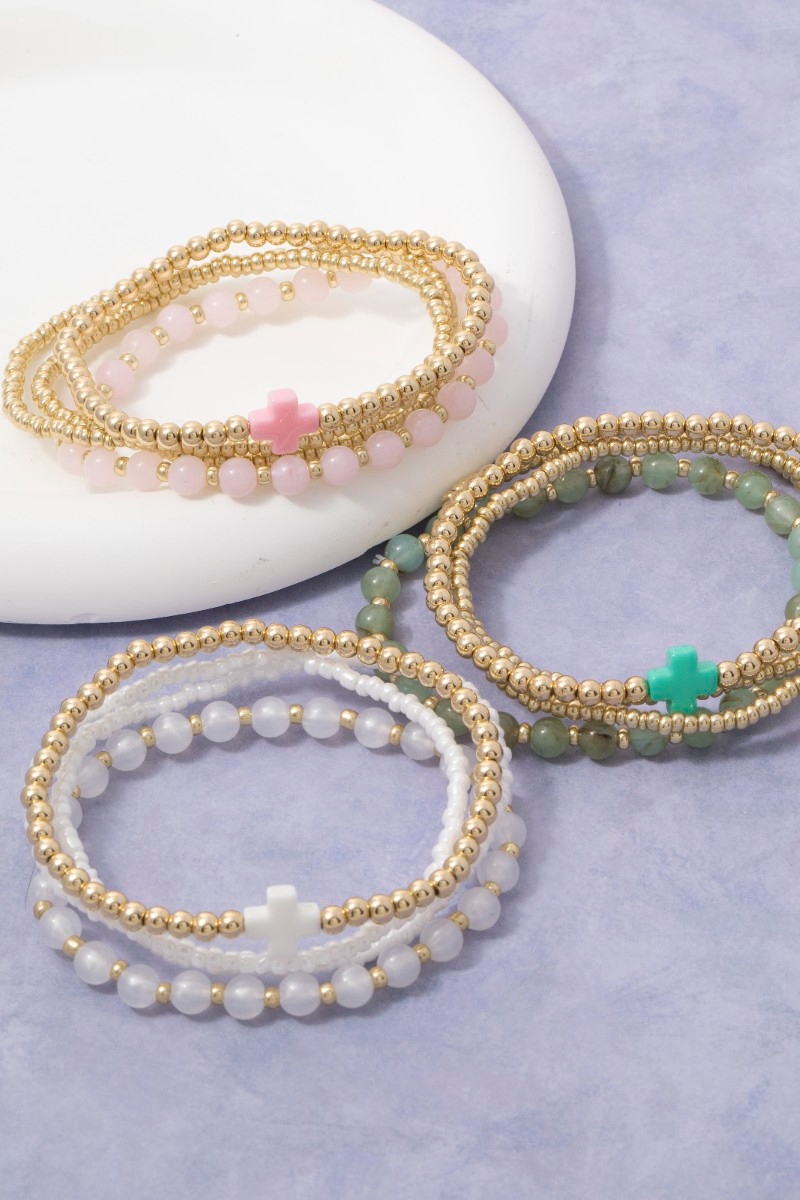 Cross Charm Glass And Metallic Beaded Bracelet Set