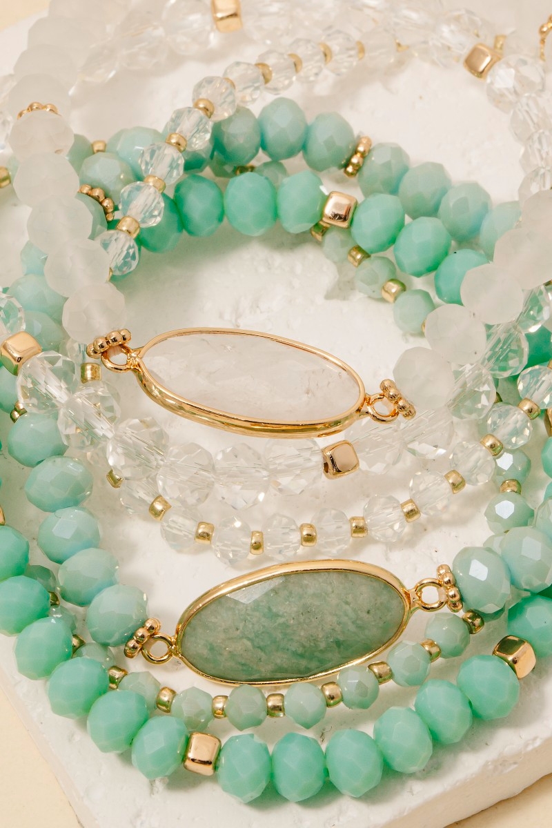 Faceted Oval Stone Charm Mixed Beaded Bracelet Set