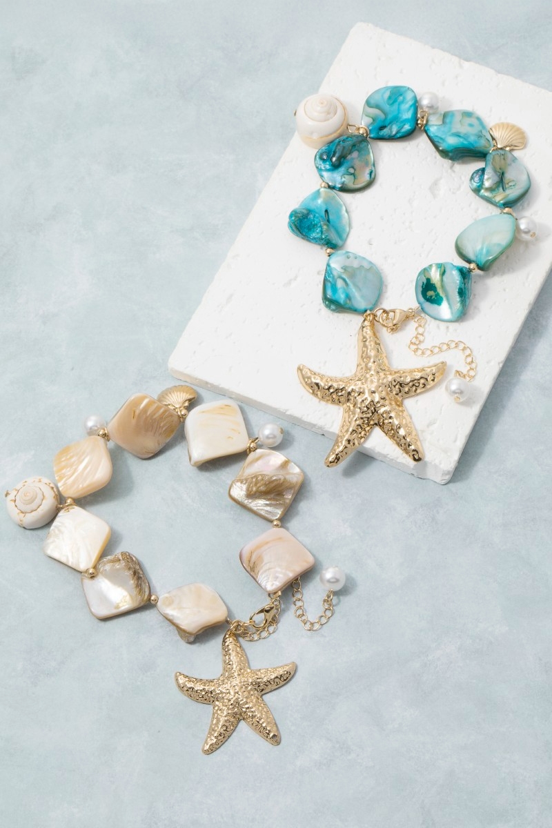 Marbled Shell Statement Bracelet With Starfish Pendant & Sea Charms