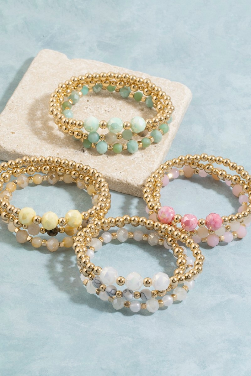 Faceted Stone & Gold Bead Stretch Bracelet Set