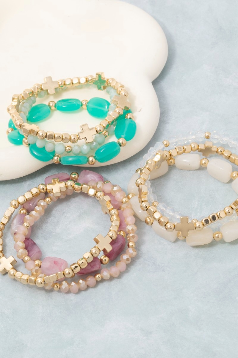 Mixed Glass And Metallic Beaded Bracelet Set