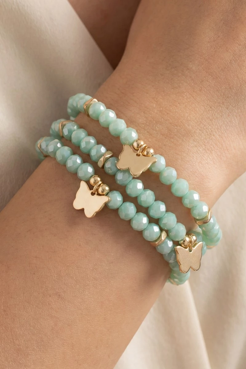 Butterfly Charms Faceted Beaded Bracelet Set