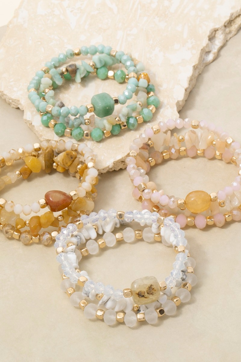 Mixed Chip Stone And Faceted Beads Bracelet Set