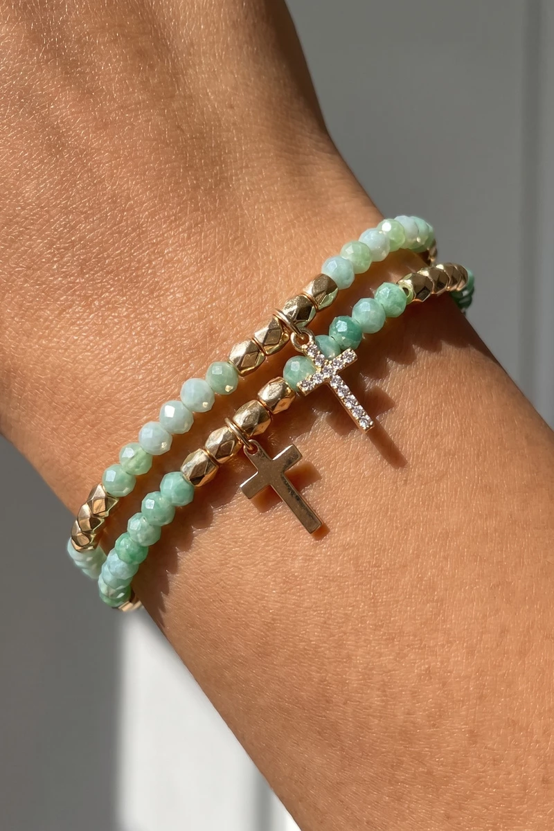 Crystal Bead Cross Charm Stretch Bracelet Set