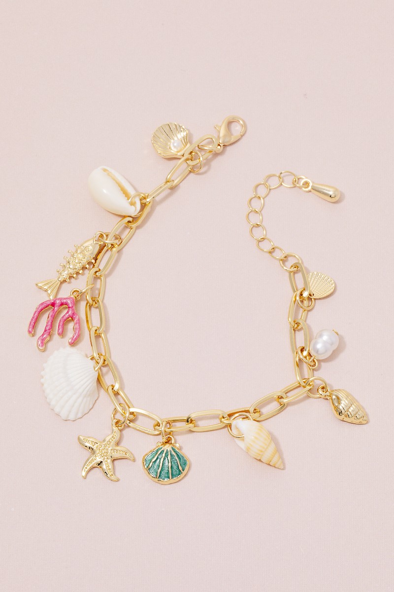 Sea Life And Pearl Charms Chain Bracelet