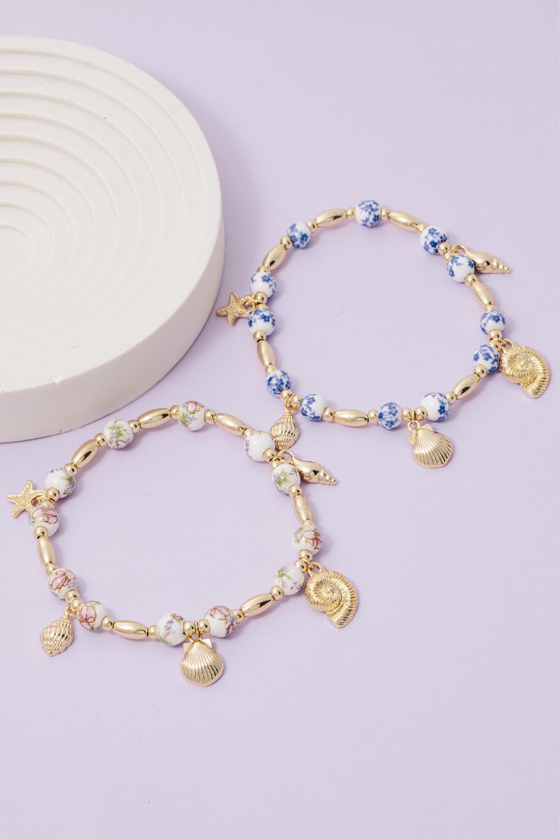 Sea Life Charms And Floral Ceramic Beaded Bracelet