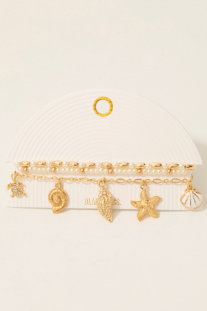 Mixed Sea Shell Charms Beaded Bracelet Set