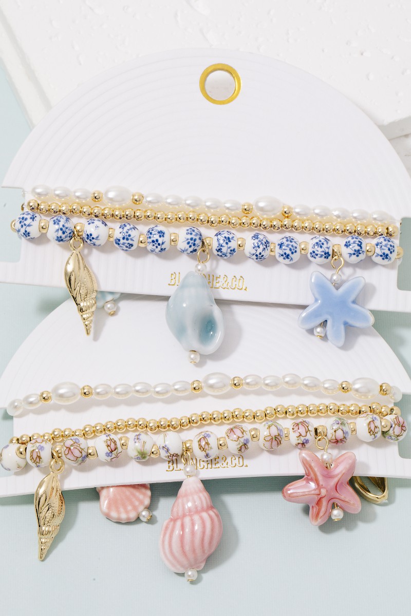 Sea Life Charms Floral Ceramic And Pearl Beaded Bracelet Set