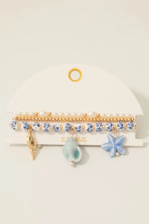 Sea Life Charms Floral Ceramic And Pearl Beaded Bracelet Set
