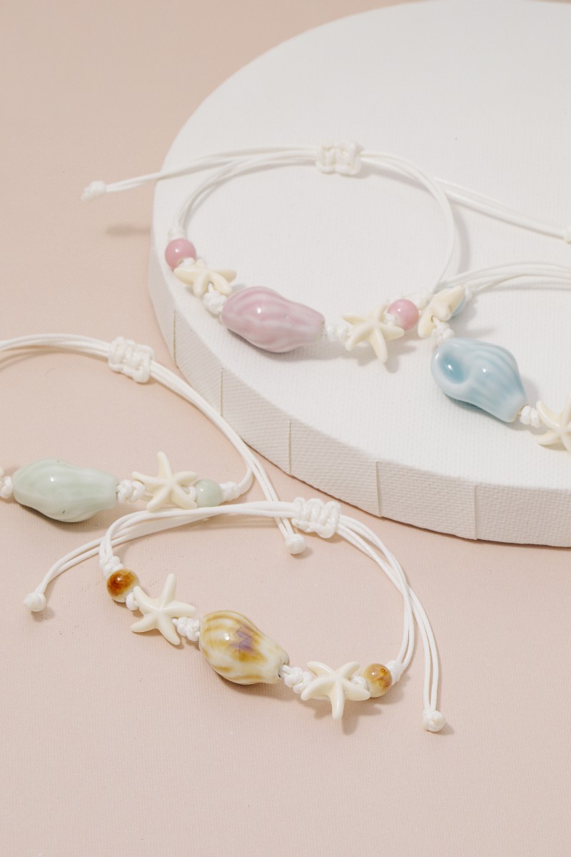 Ceramic Conch And Starfish Beads Adjustable Cord Bracelet