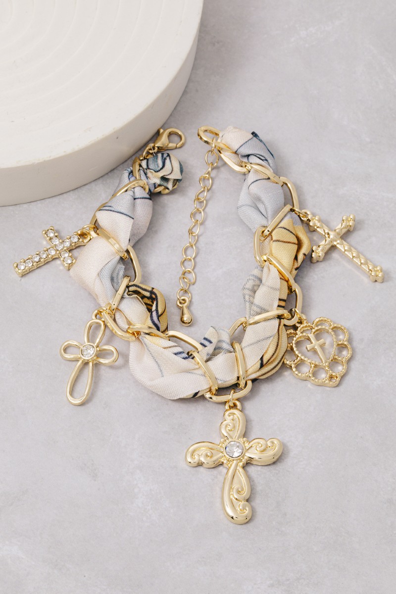 Heart And Cross Charms Bandana Chain Braided Bracelet