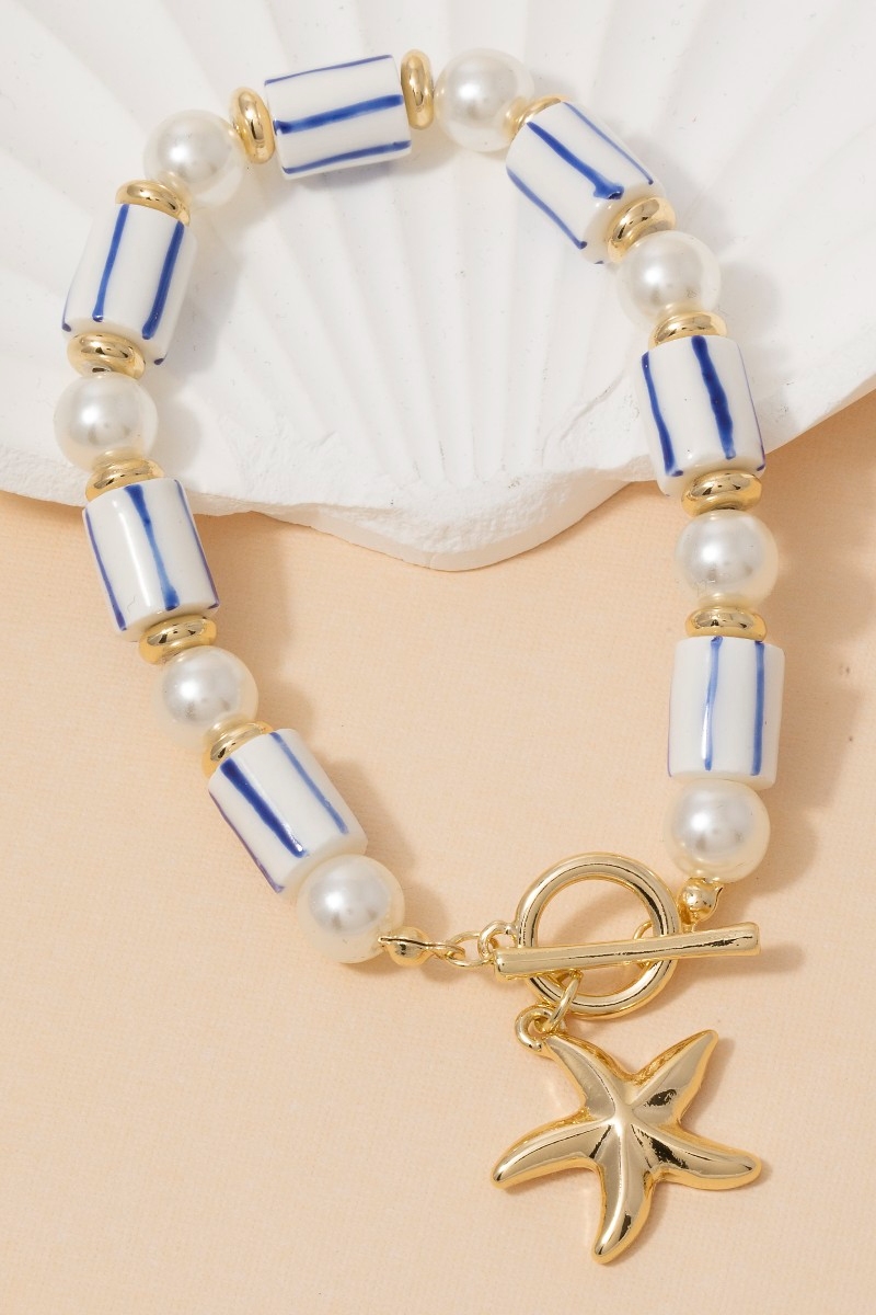 Pearl And Ceramic Beads Starfish Toggle Chain Bracelet