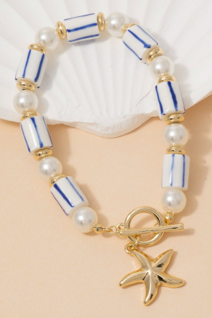 Pearl And Ceramic Beads Starfish Toggle Chain Bracelet