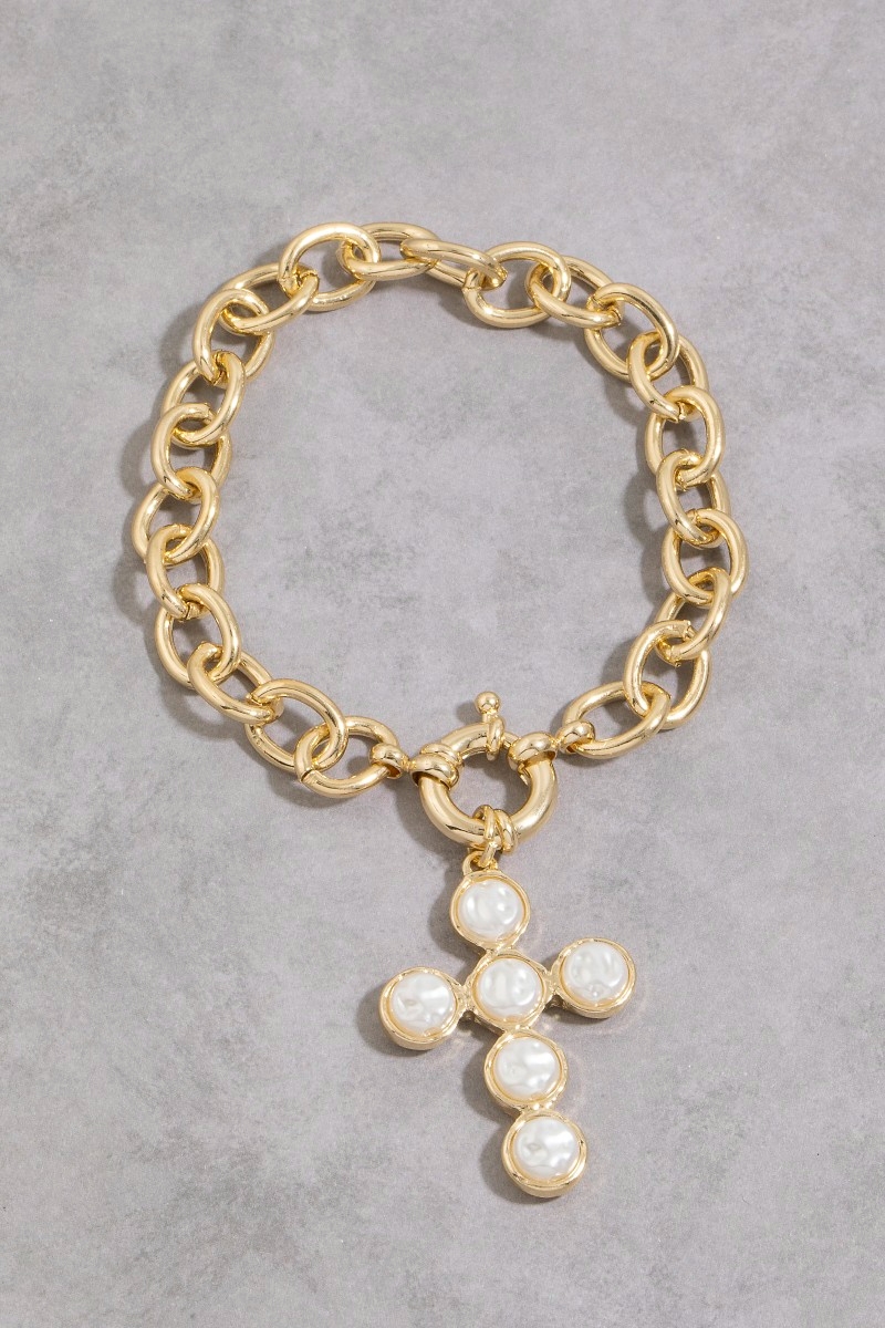 Chain Pearl Cross Charm Bracelet