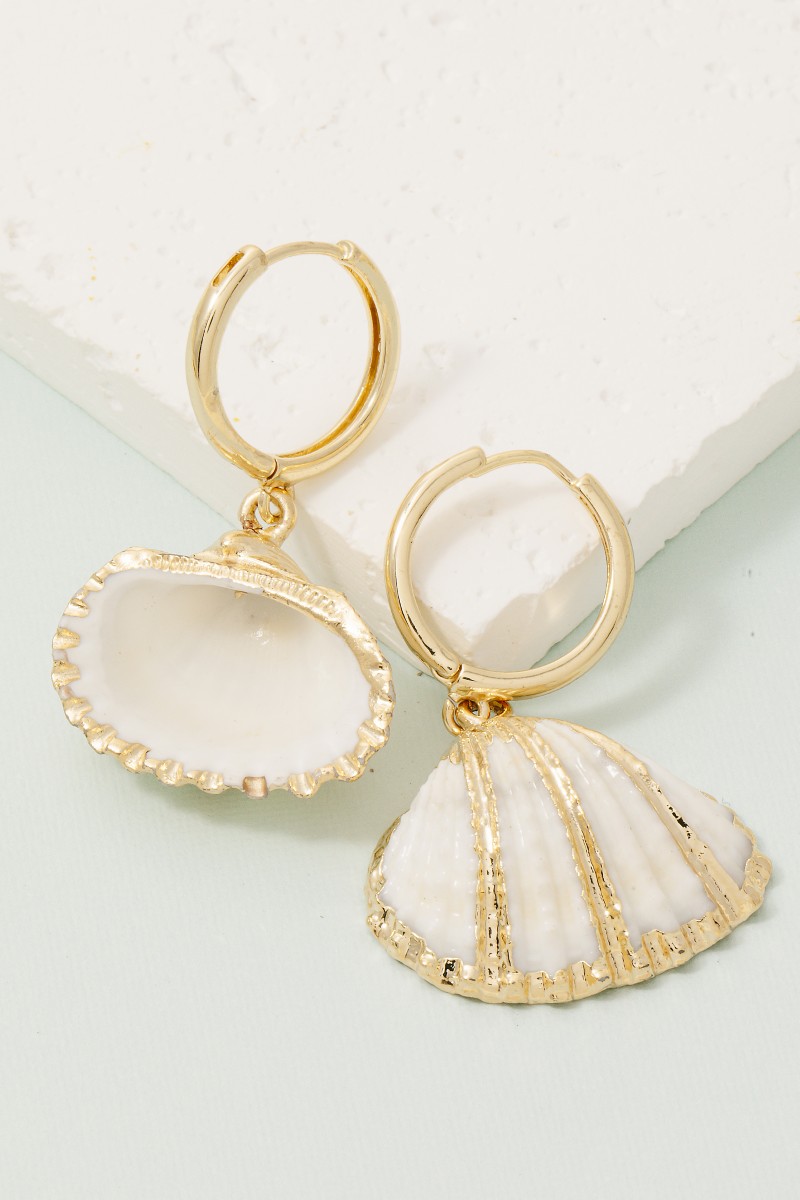 Metallic Accented Clam Shell Charm Hoop Earrings