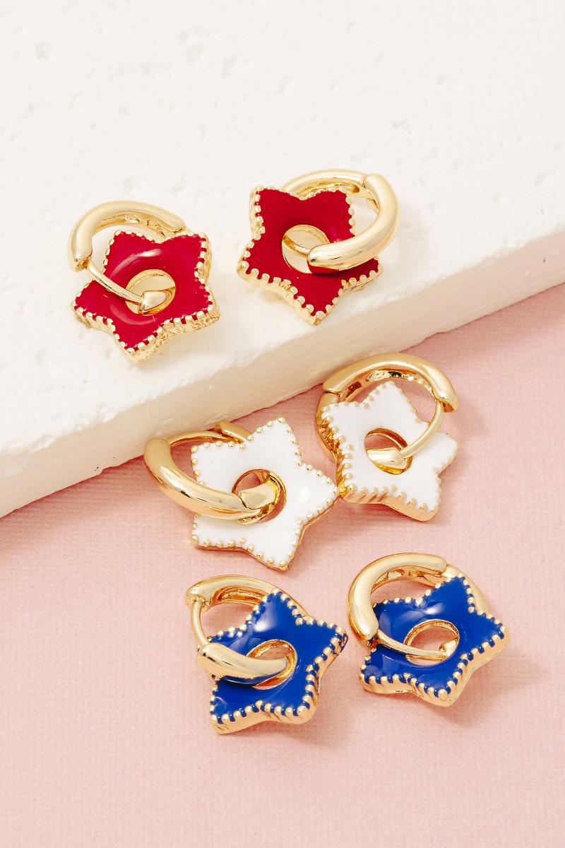 Usa Colors Enamel Star Charms Hoop Earrings Set